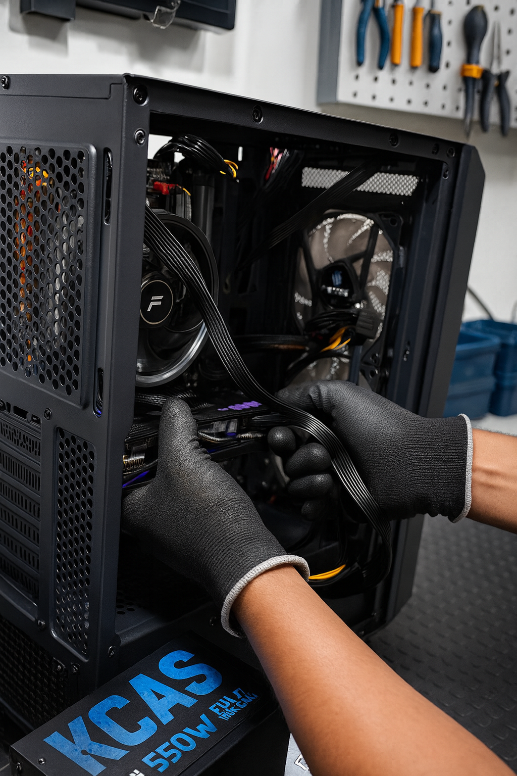 Técnico realizando manutenção em computador gamer